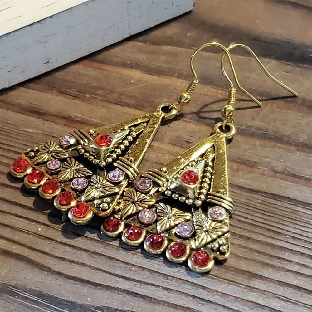 Egyptian Style Red Pink Austrian Crystal Art Deco Carved Gold Triangle Earrings